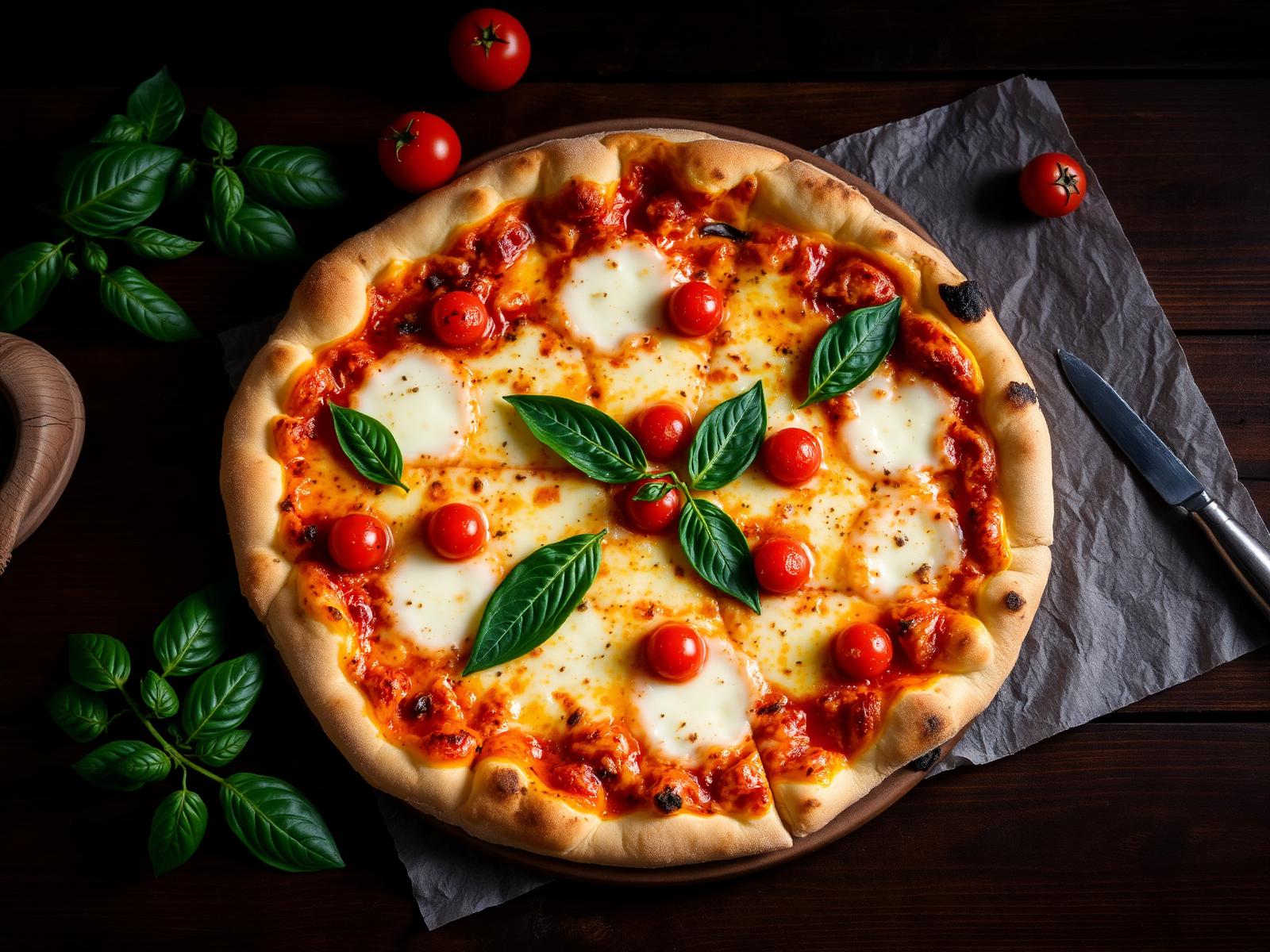 Frisch gebackene Margherita Pizza mit Basilikum